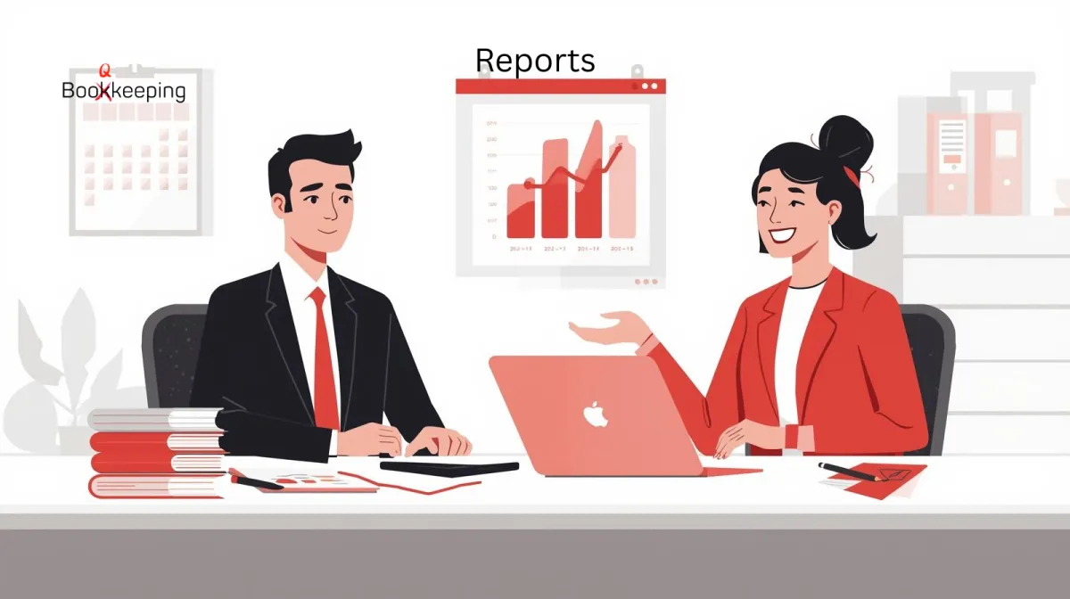 Female bookkeeper with laptop explaining financial reports and dashboards to a business owner at her desk – Booqkeeping QuickBooks reporting services for smarter small business decisions.