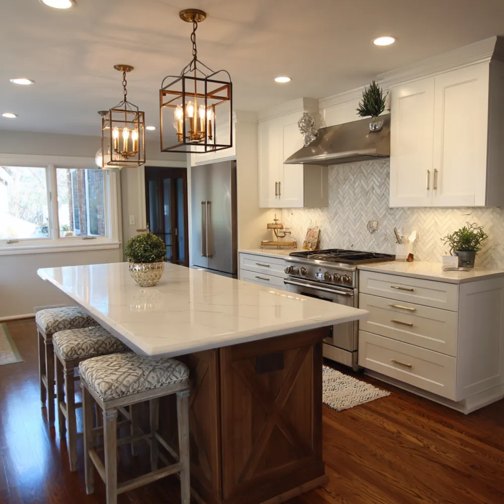Contemporary kitchen remodel featuring white cabinetry subway tile backsplash granite island and stainless steel appliances for a stylish functional space