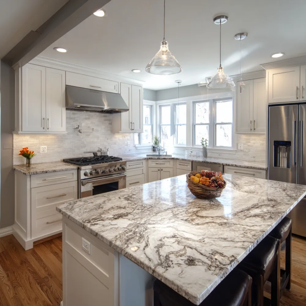 Modern white kitchen renovation with quartz island pendant lighting and stainless steel appliances installed by professional remodeling contractors in North Carolina