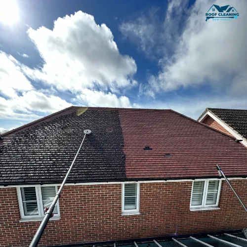 Before and after roof moss removal on a New Milton home