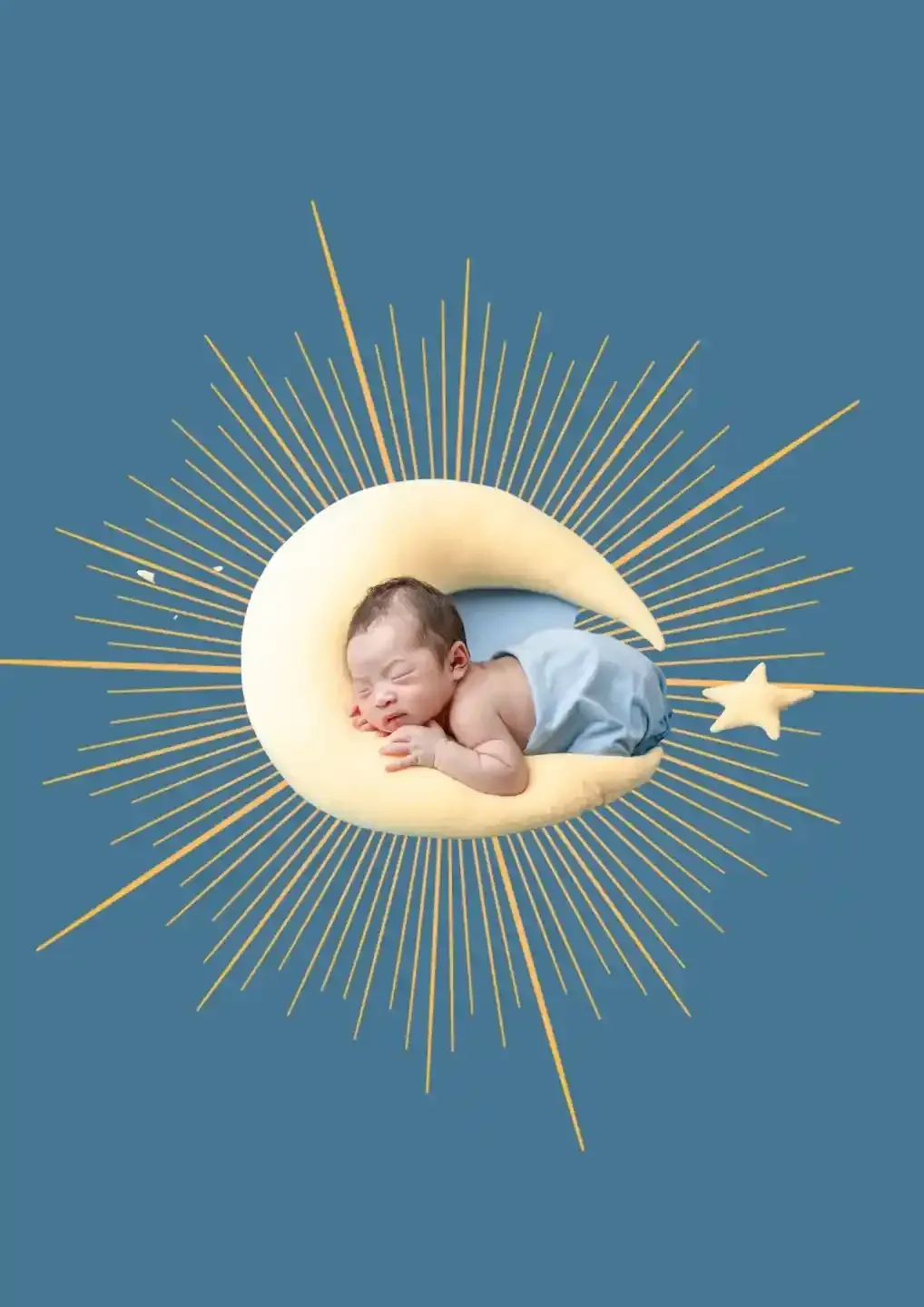 Sleeping newborn baby resting on a crescent moon with star and radiant light design on a blue background