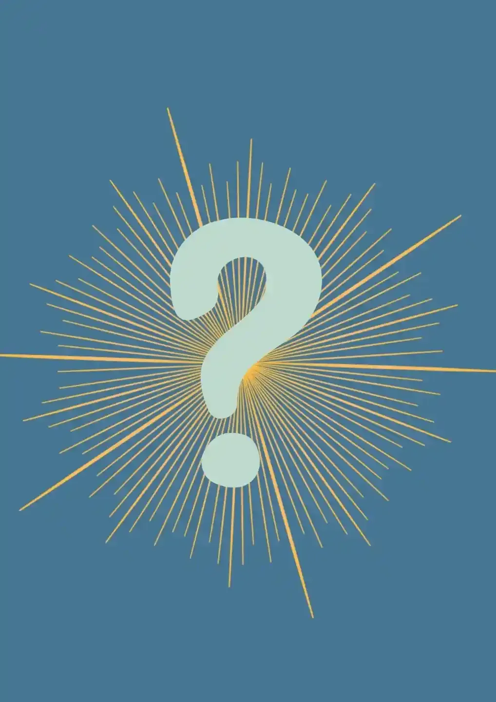 Large question mark with radiating golden lines on a blue background representing curiosity or learning