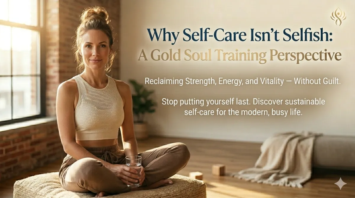 A mother taking a peaceful moment for herself in a sunlit room, representing the Gold Soul Training approach to sustainable self-care.