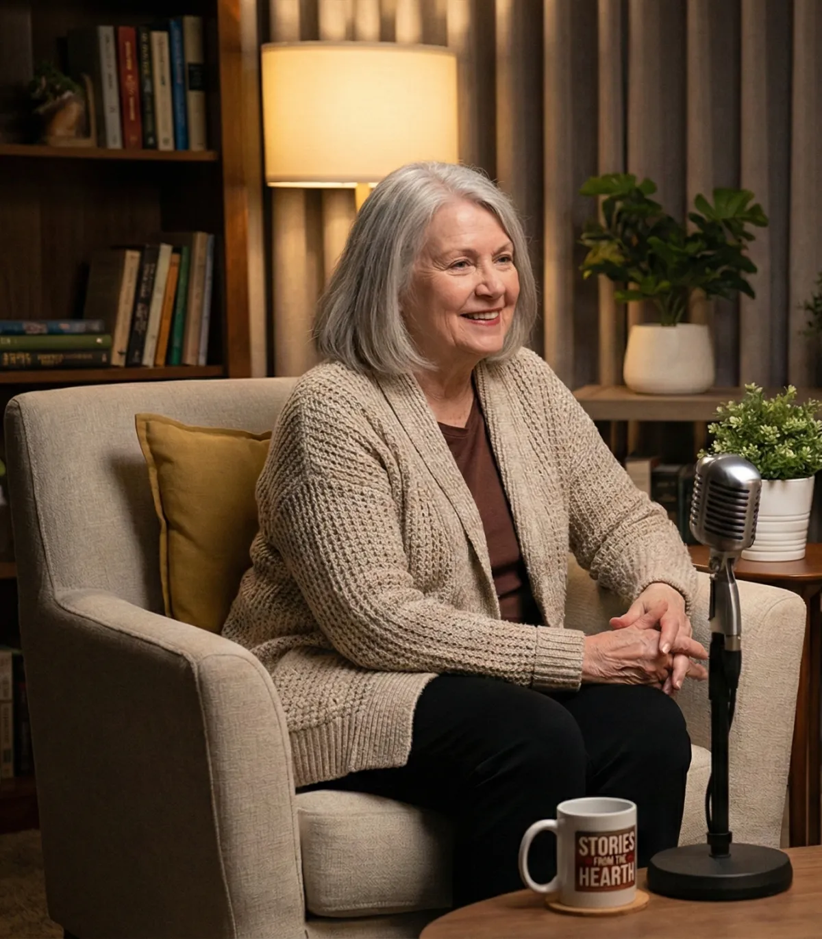 A smiling elderly woman sits in a warmly lit living room, surrounded by family photos, as a professional videographer gently guides her through sharing her life stories. The scene radiates comfort, connection, and authenticity, with soft pink and purple tones reflecting a sense of legacy and love.