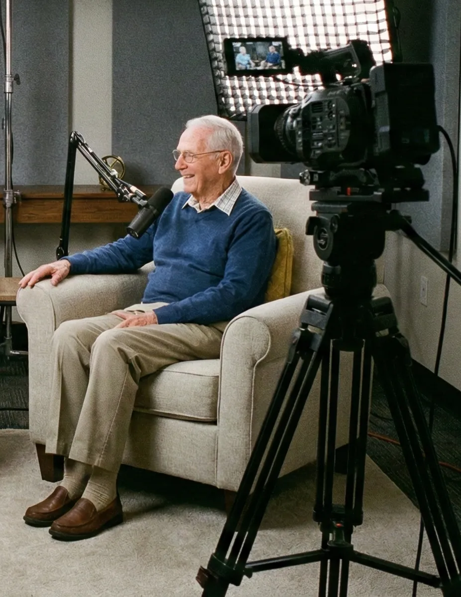 A creative editor sits at a modern workstation, reviewing family interview footage on a large screen. The workspace is filled with soft natural light, and the editor’s focus is on crafting a heartfelt narrative, with subtle purple and cream accents throughout the scene.