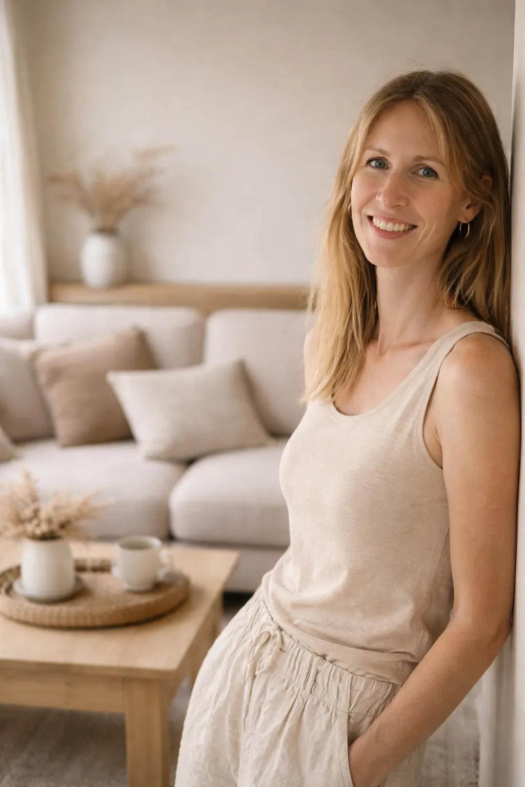 Portrait de la fondatrice, femme souriante, fond doux, ambiance naturelle