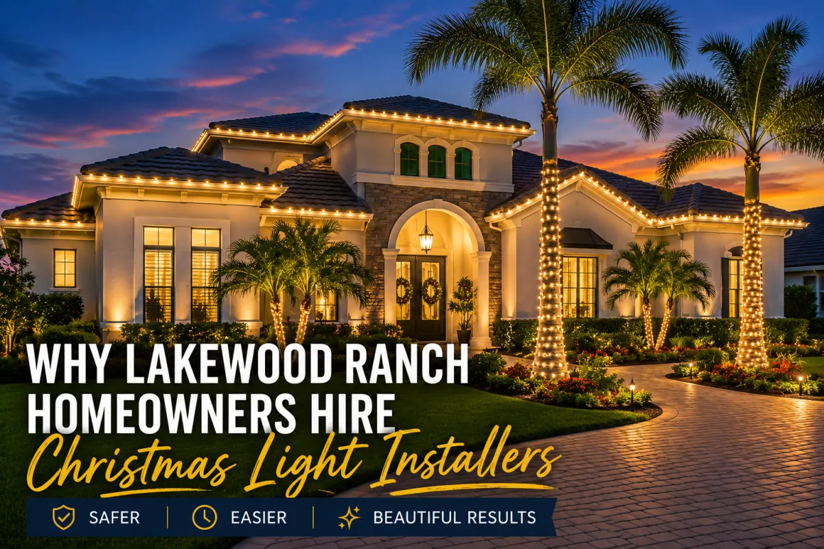 Professional Christmas light installation on a luxury home in Lakewood Ranch, Florida featuring roofline lighting, palm tree wraps, and warm white holiday lights.