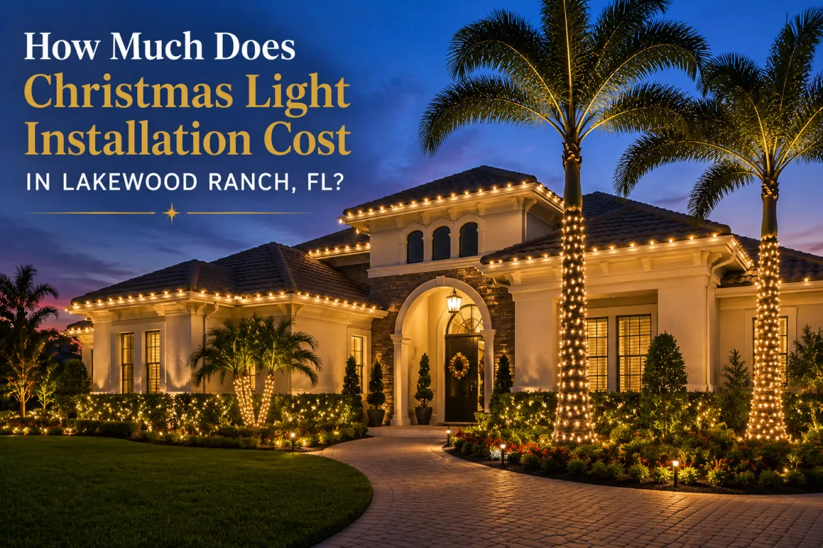 Luxury Lakewood Ranch home professionally decorated with warm white Christmas lights along the roofline and palm trees during the holiday season.