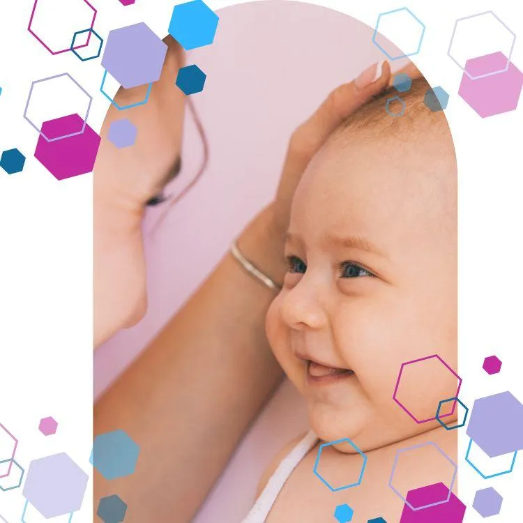 Image of a baby smiling and looking at their mother. CubCare hexagons are shown around the outside of the image for brand purposes. Image is to represent the Baby Development Course.