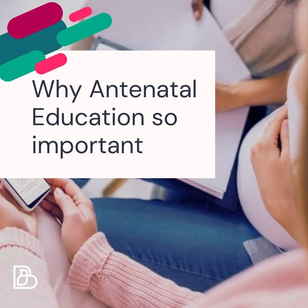 The Birth and Baby Company blog post front cover. An image of a pregnant person looking at a phone and taking notes, with a white box over the top and the words "Why Antenatal Education is so important" written