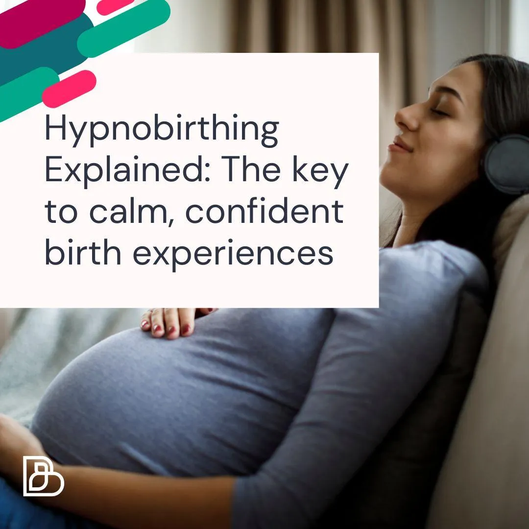 The Birth and Baby Company blog post front cover. An image of a pregnant person sitting back on a sofa with headphones on, with a white box over the top and the words "Hypnobirthing explained: the key to calm, confident birth experiences" written