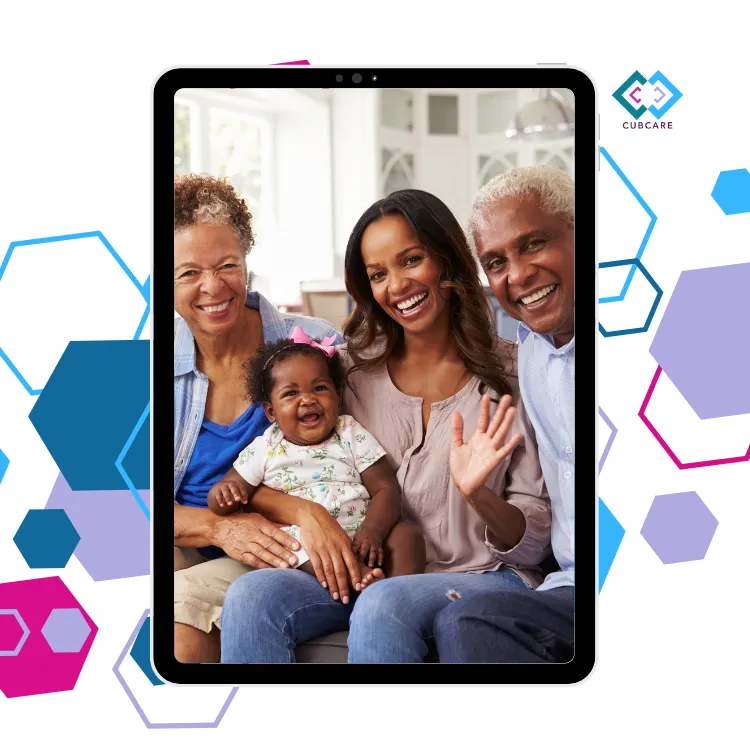 Smiling multigenerational Black family with baby, shown on a tablet screen, representing the CubCare Grandparents Antenatal Course’s focus on connected, modern family support.
