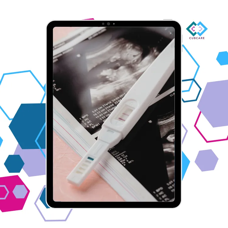 Positive pregnancy test resting on ultrasound images, representing the early weeks of pregnancy — featured in CubCare’s Early Pregnancy and First Trimester Course for clear, supportive guidance from the very start.