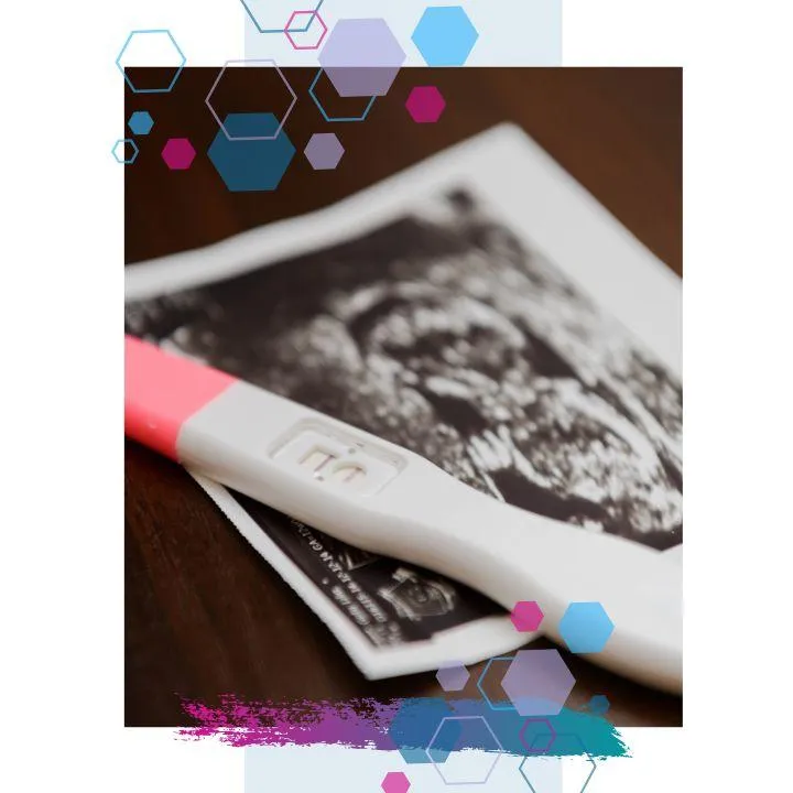 Positive pregnancy test resting on early ultrasound scan image — representing early pregnancy, first trimester symptoms, and discovering you’re pregnant.