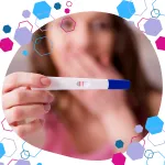 Person holding a positive pregnancy test with a surprised expression — symbolising early pregnancy discovery and first trimester emotions.