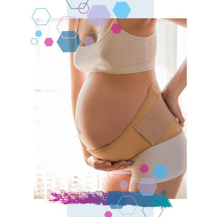 Pregnant person wearing a beige support belt under their bump, using one hand for pelvic support — illustrating physical adaptations for pregnancy with hypermobility.