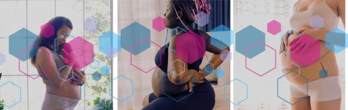 Three pregnant people in different positions — cradling a baby, supporting their lower back, and wearing a pelvic support belt — representing the diverse physical experiences of pregnancy with hypermobility (HSD/hEDS). CubCare’s signature hexagon overlay design adds visual branding.