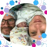 Birth partner and mother with newborn after caesarean — testimonial image highlighting how CubCare’s Birth Partner Course supports calm, informed involvement in theatre births.