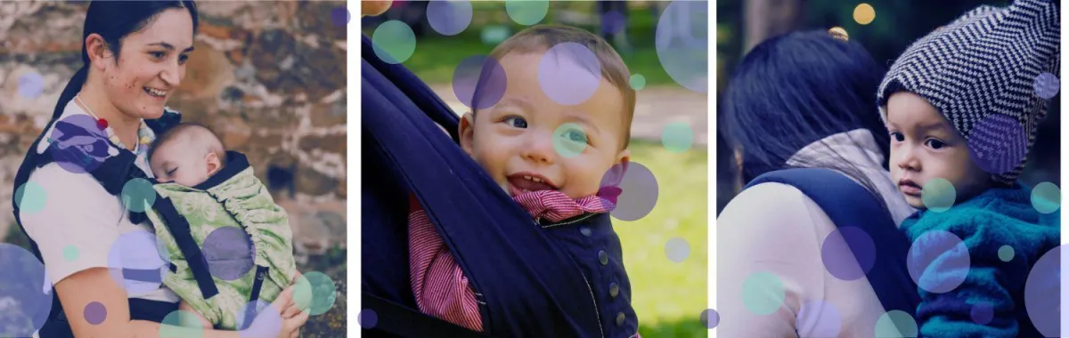 Three caregivers using baby carriers with babies and toddlers in various positions. Images used on Welwyn Slings’ professional babywearing training page to illustrate safe sling use in early years settings.