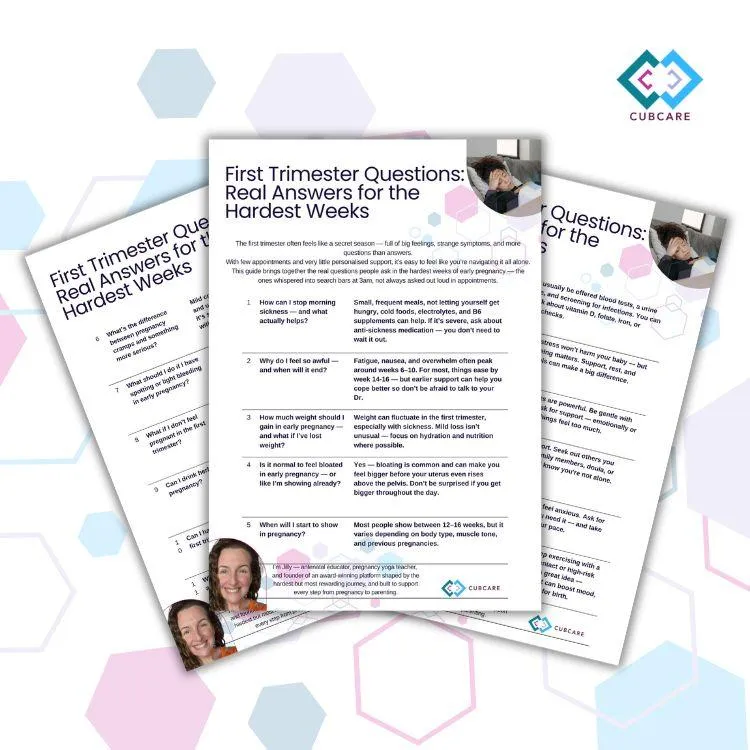 CubCare free First Trimester Questions Guide showing expert answers to common early pregnancy questions, including morning sickness, symptoms, and when to expect a baby bump.