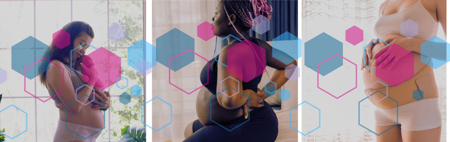 Pregnant women holding lower back and abdomen, illustrating pelvic and back pain patterns linked to posture and biomechanics in pregnancy.
