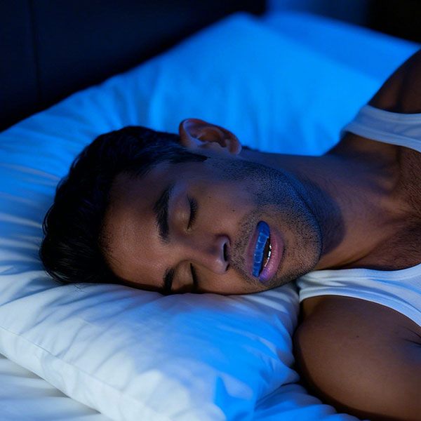 Man sleeping comfortably with dual laminate night guard for teeth grinding