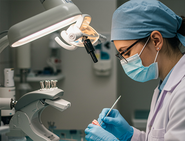 Experienced Irish dental technician inspecting a custom-fitted night guard for quality control.