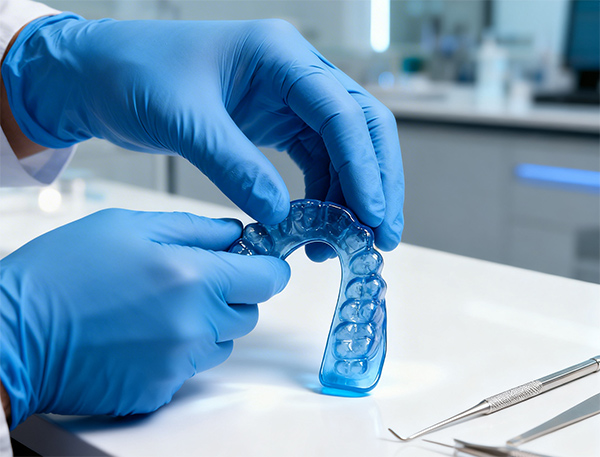 Dental technician demonstrating the durability and finish of a medical-grade custom night guard