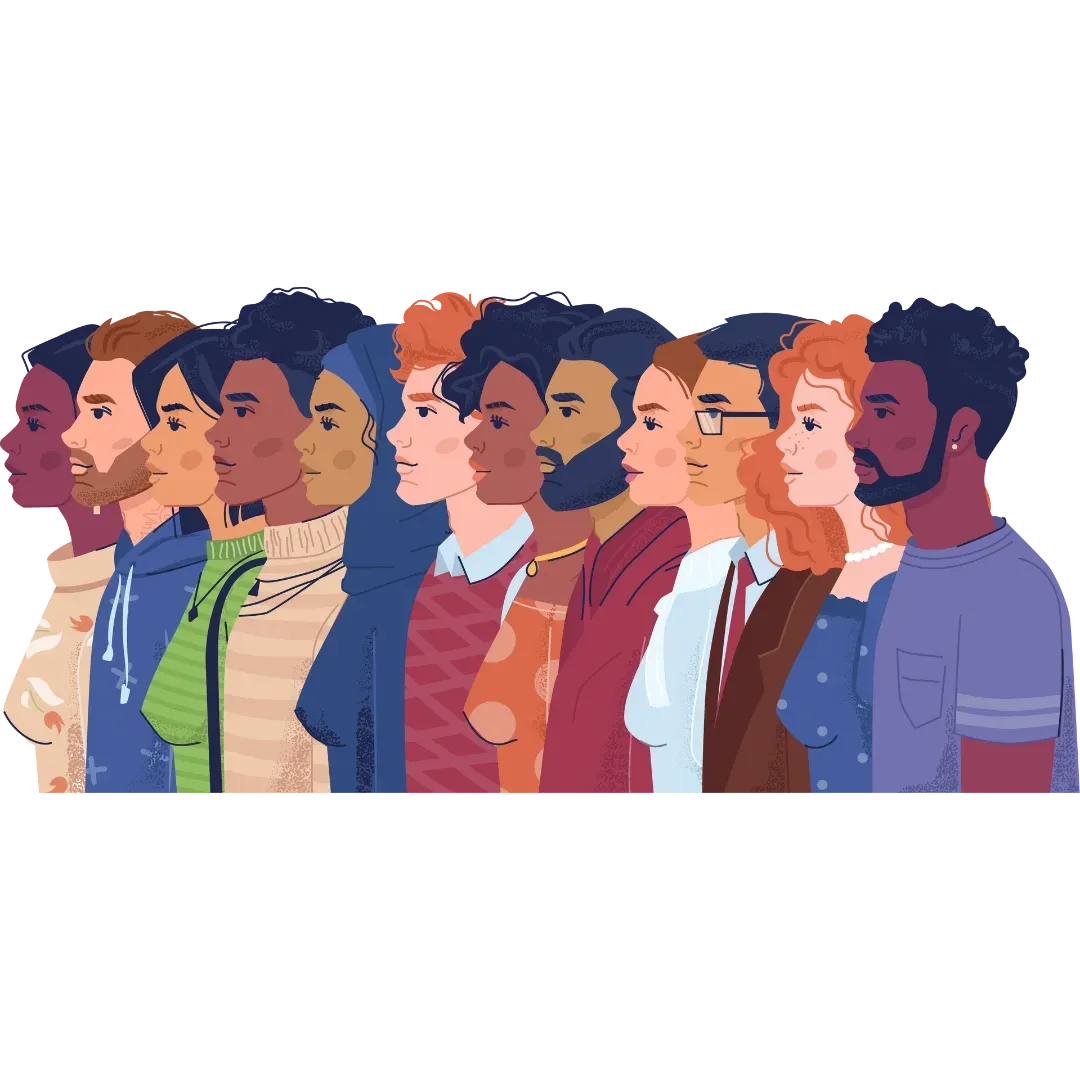 Cartoon illustration of people of diverse backgrounds, including different skin tones, faiths, and someone wearing a hijab, standing in a line. Represents racial identity therapy and inclusivity.