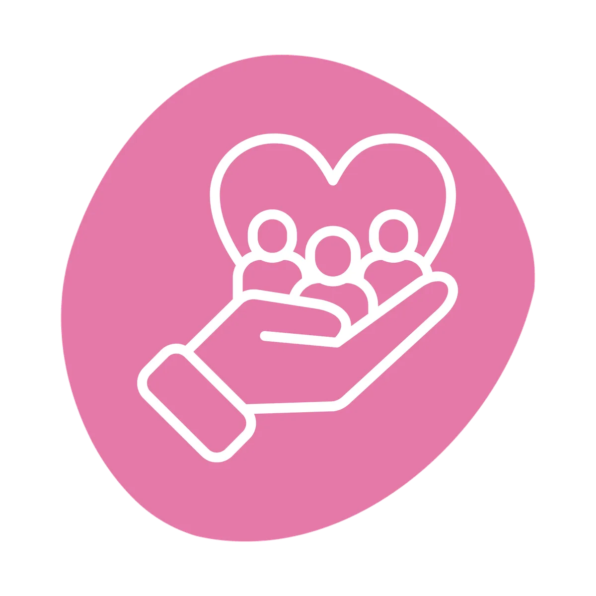 Icon of a hand holding a heart with people.