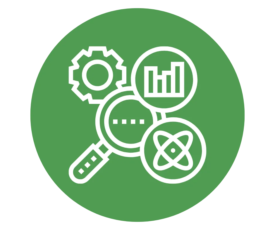 Icon of a magnifying glass with gears and charts.