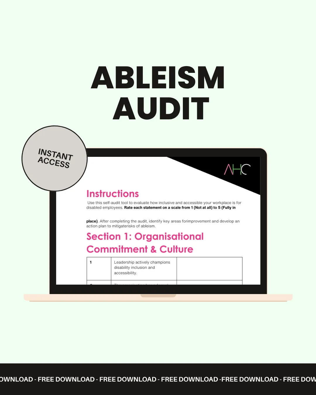 Laptop displaying the Ableism Audit resource with circular icon indicating instant access.