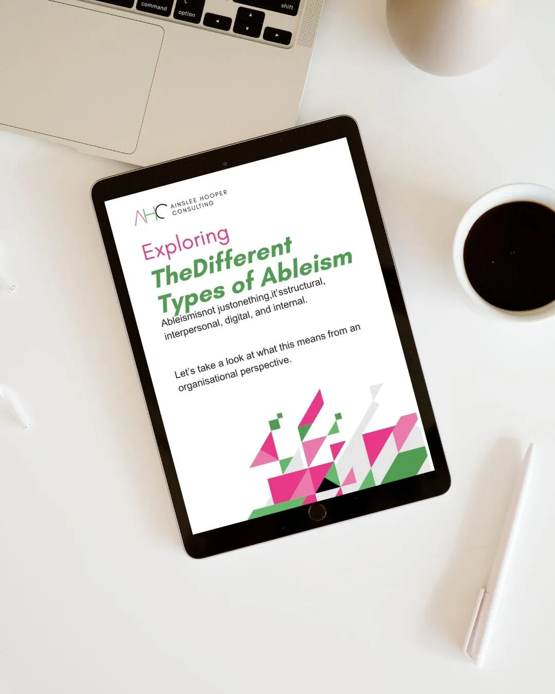 Tablet displaying the cover of the resource titled 'Different Types of Ableism' on a desk with stationery items.