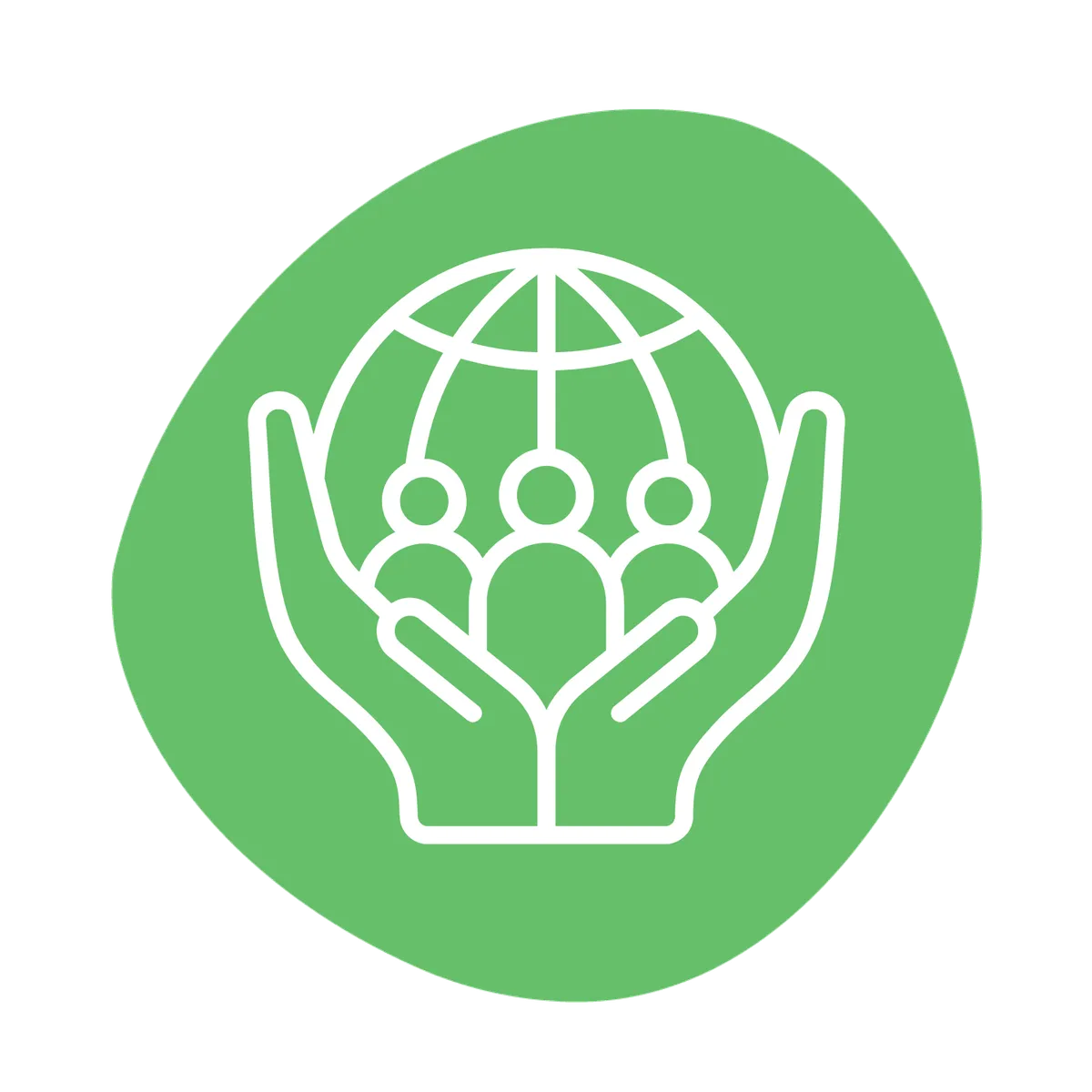 Icon of hands holding a globe with people.
