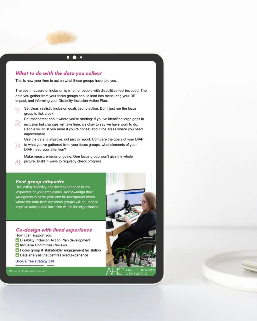 Tablet resting on a desk showing the Focus Groups resource, with a coffee cup and small plant nearby.
