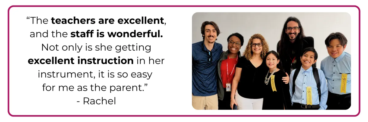 Client Testimonial with a picture of students standing with teachers looking joyous.