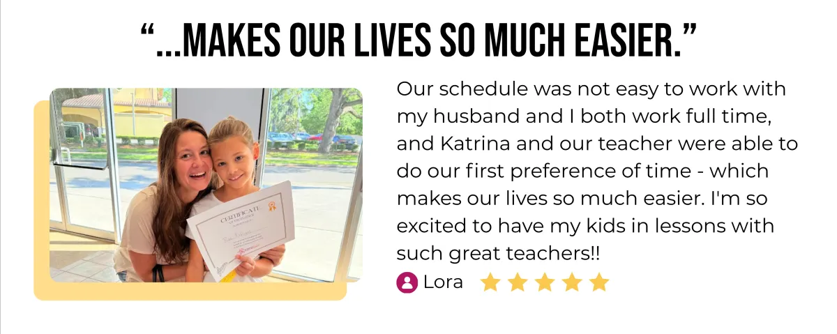 Parent Review with photo of mother and daughter celebrating the child's achievement at our Music Mastery Festival