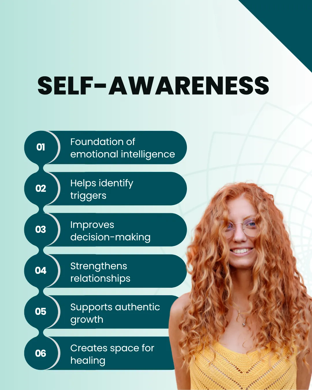 Self-awareness benefits with a smiling person.