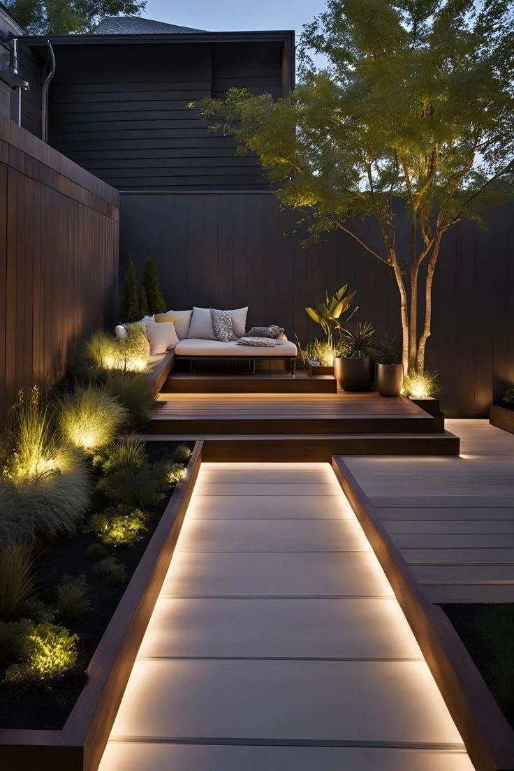 Transform your backyard with professional landscape lighting in Austin, Texas. This modern outdoor design features ambient LED pathway lights, deck lighting, and garden uplighting that highlight plants and trees while creating a warm, inviting atmosphere. Perfect for extending outdoor living into the evening, our custom lighting solutions enhance safety, style, and curb appeal.