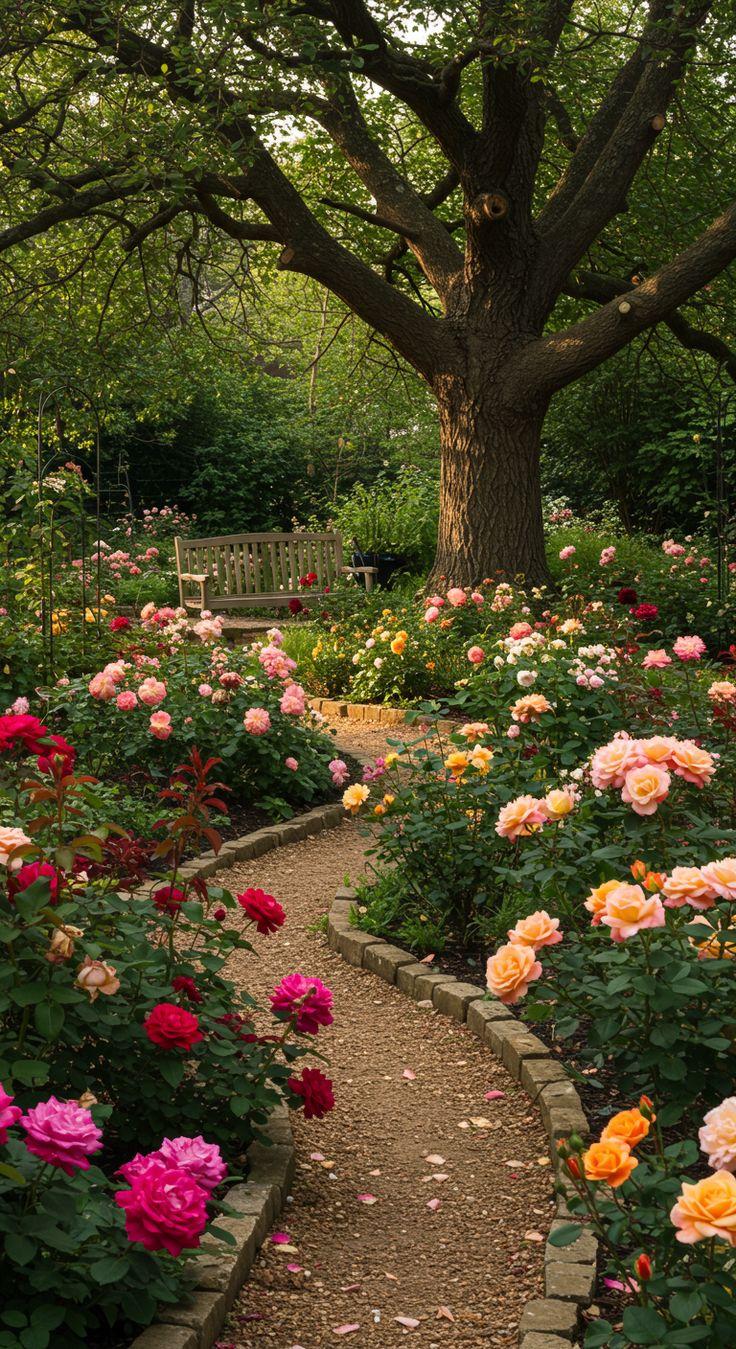 Enhance your outdoor space with professional garden design and flowerbed installation in Austin, Texas. This vibrant landscape features a winding gravel walkway, stone borders, colorful rose bushes, and a shaded seating area beneath a mature tree. Our landscaping services create inviting and tranquil retreats right in your backyard.