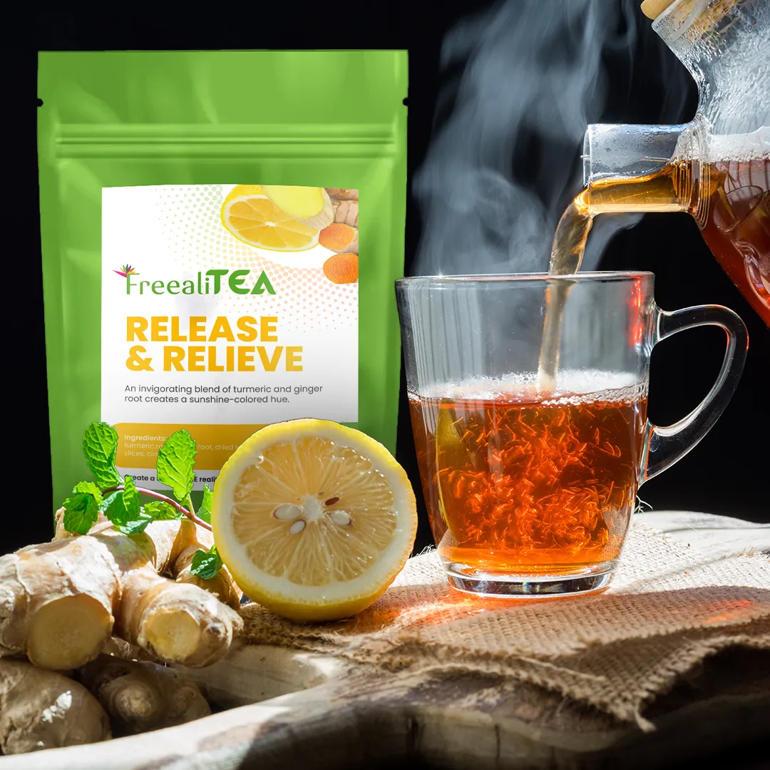 Loose-leaf green tea with citrus slices and gold spoon