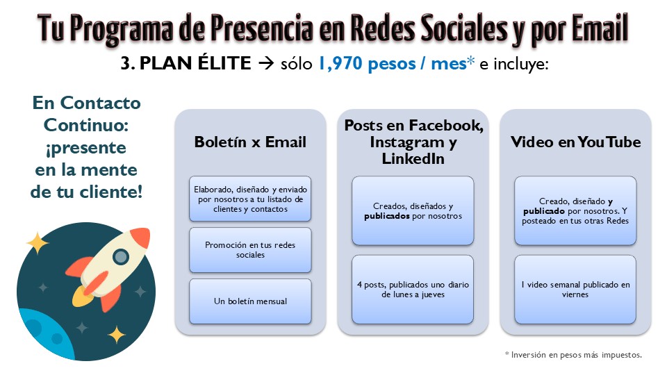 Plan Élite: nosotros creamos, publicamos y enviamos tu boletín mensual x email