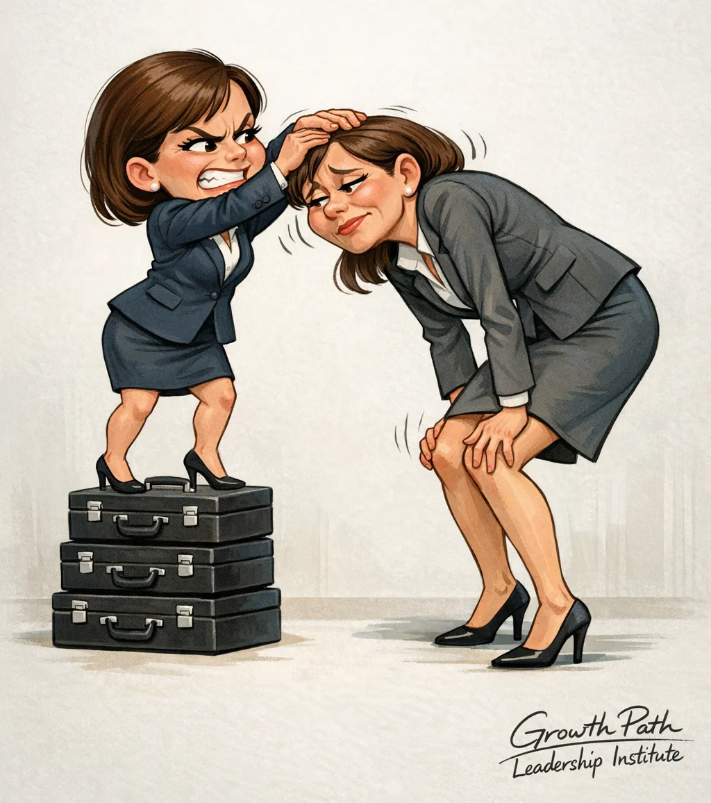 A satirical digital illustration shows a small professional woman in a gray business suit standing on a stack of black suitcases while forcefully pressing down on the head of a taller professional woman in a similar suit. The smaller woman’s expression is aggressive and strained, while the taller woman bends forward under the pressure, her knees slightly buckling and her expression pained. The image symbolizes suppression and insecurity—artificial elevation through pushing others down. In the bottom right corner appears a handwritten-style signature reading “Growth Path Leadership Institute.”