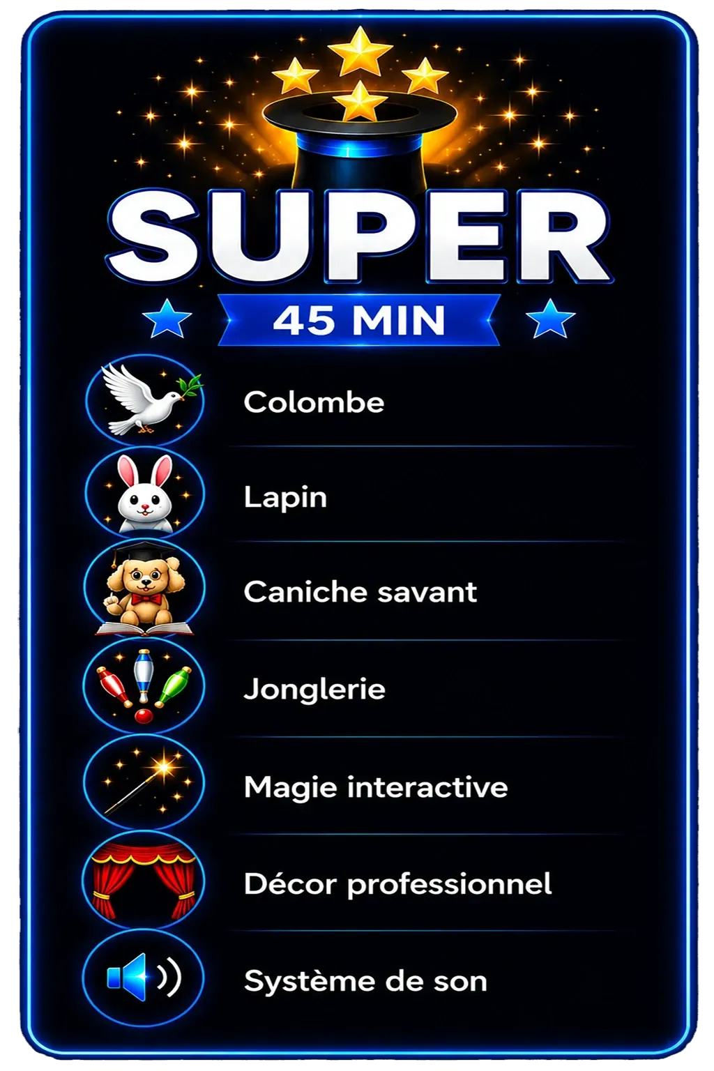 Caniche savant, colombe, lapin, jonglerie, magie interactive, perroquet, ventriloquie, lévitation