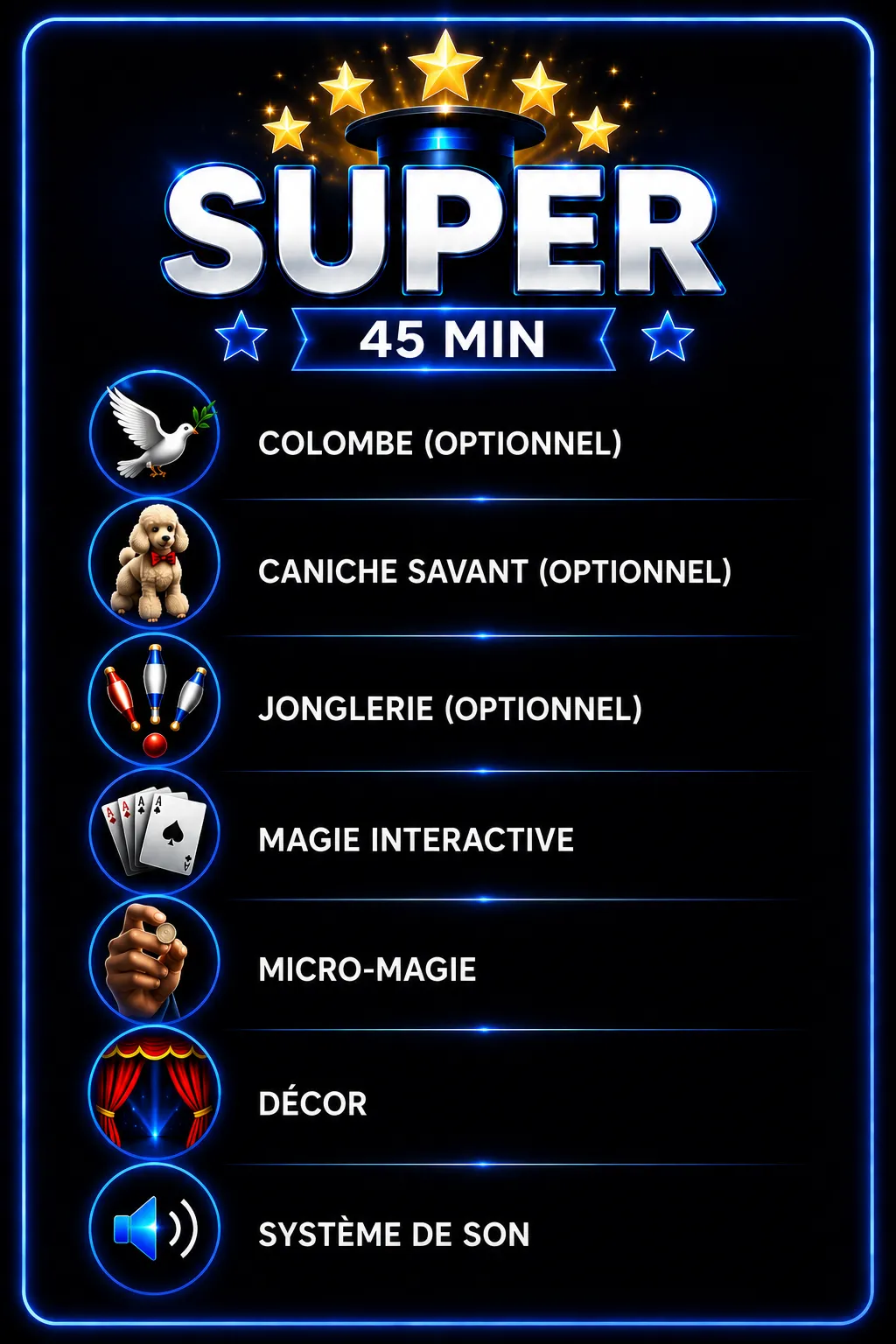 Forfait Super - Colombe, lapin, caniche savant, jonglerie, magie interactive, micro-magie, décor, système de son