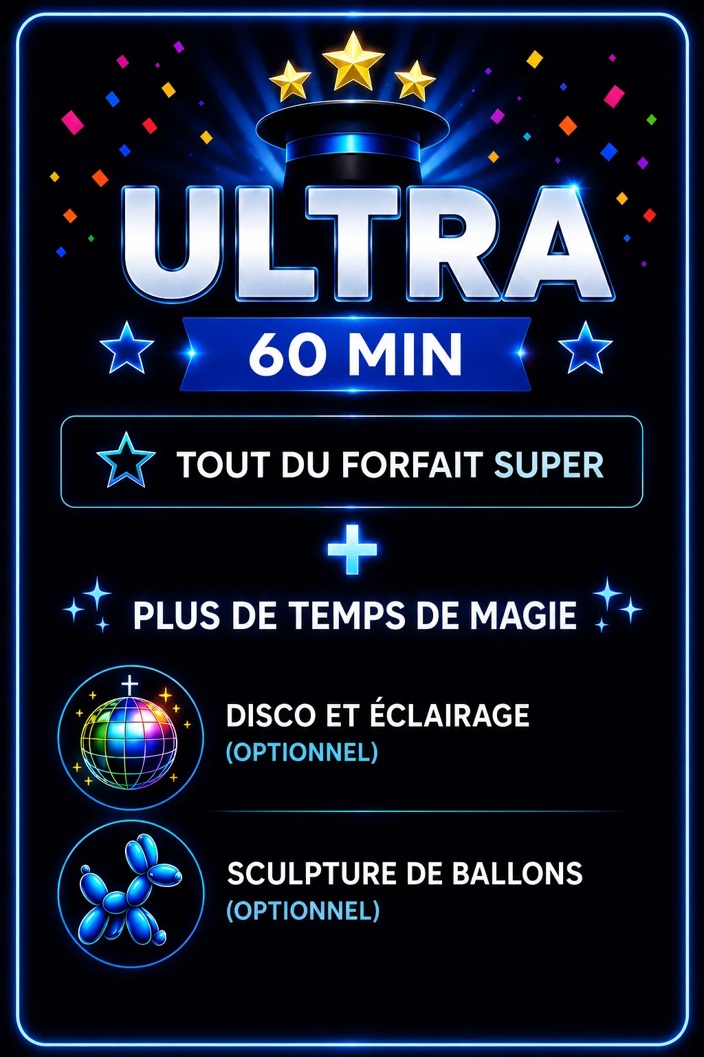 Forfait ultra - Colombe, caniche savant, jonglerie, magie interactive, micro-magie, décor, système de son, disco et éclairage, sculpture de ballons