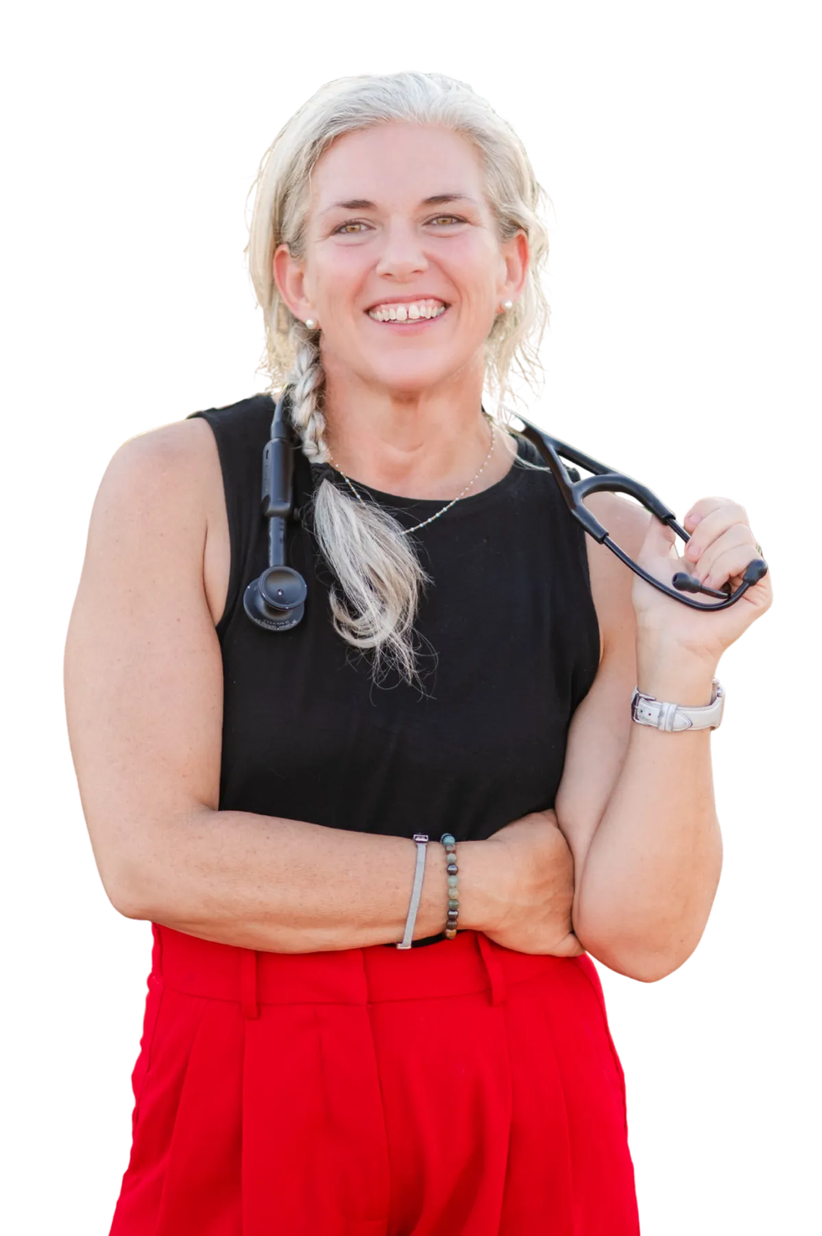 Smiling healthcare professional wearing a stethoscope, standing with arms crossed against a transparent background.