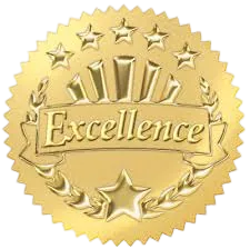 White line icon of a ribbon with a star, representing recognition, quality, or achievement.