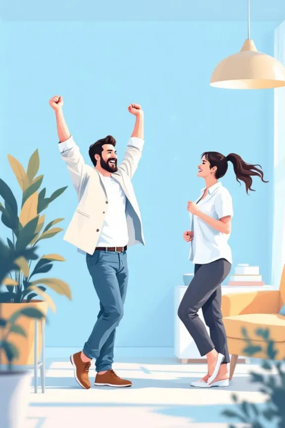 Coach celebrando el logro de un cliente en una videollamada, con fondo de oficina moderna y ambiente alegre.