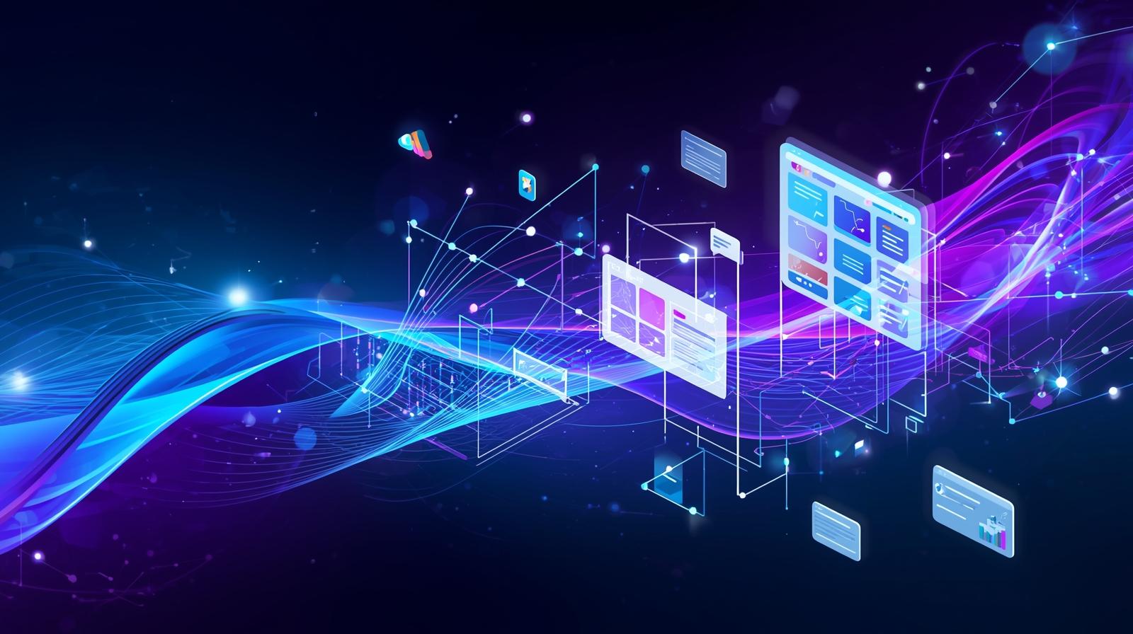 A confident business owner stands in a modern office, reviewing a vibrant website design on a large monitor, with a digital assistant interface visible on a nearby tablet. The scene is bright, energetic, and conveys innovation and professionalism.